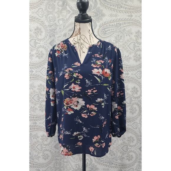 Fun 2 Fun Navy Kenmore fairy floral long sleeve blouse Size Small whimsy office - Picture 2 of 9